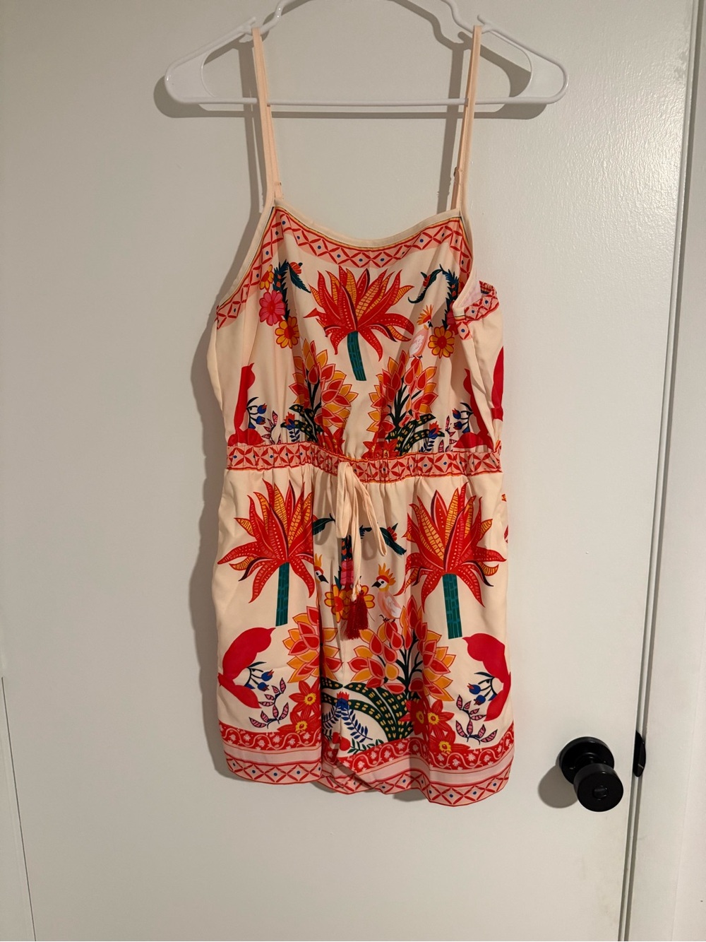 NWT CUPSHE Tropical Floral Bird Print Romper Tassel Tie Resort Vacation Size M